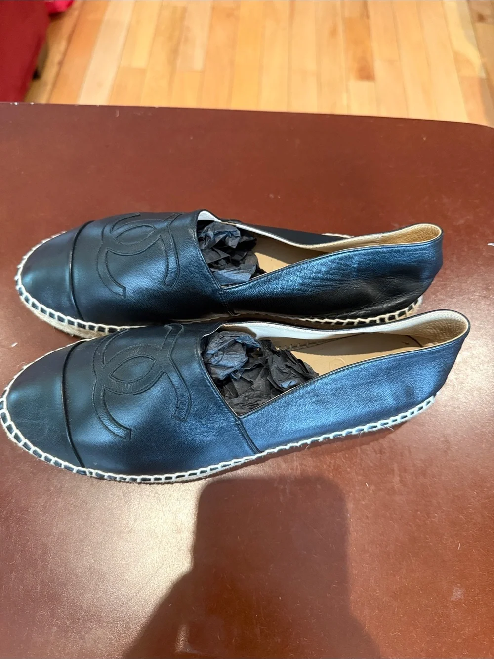 Authentic Chanel Black Leather Espadrille Slip-On Shoes